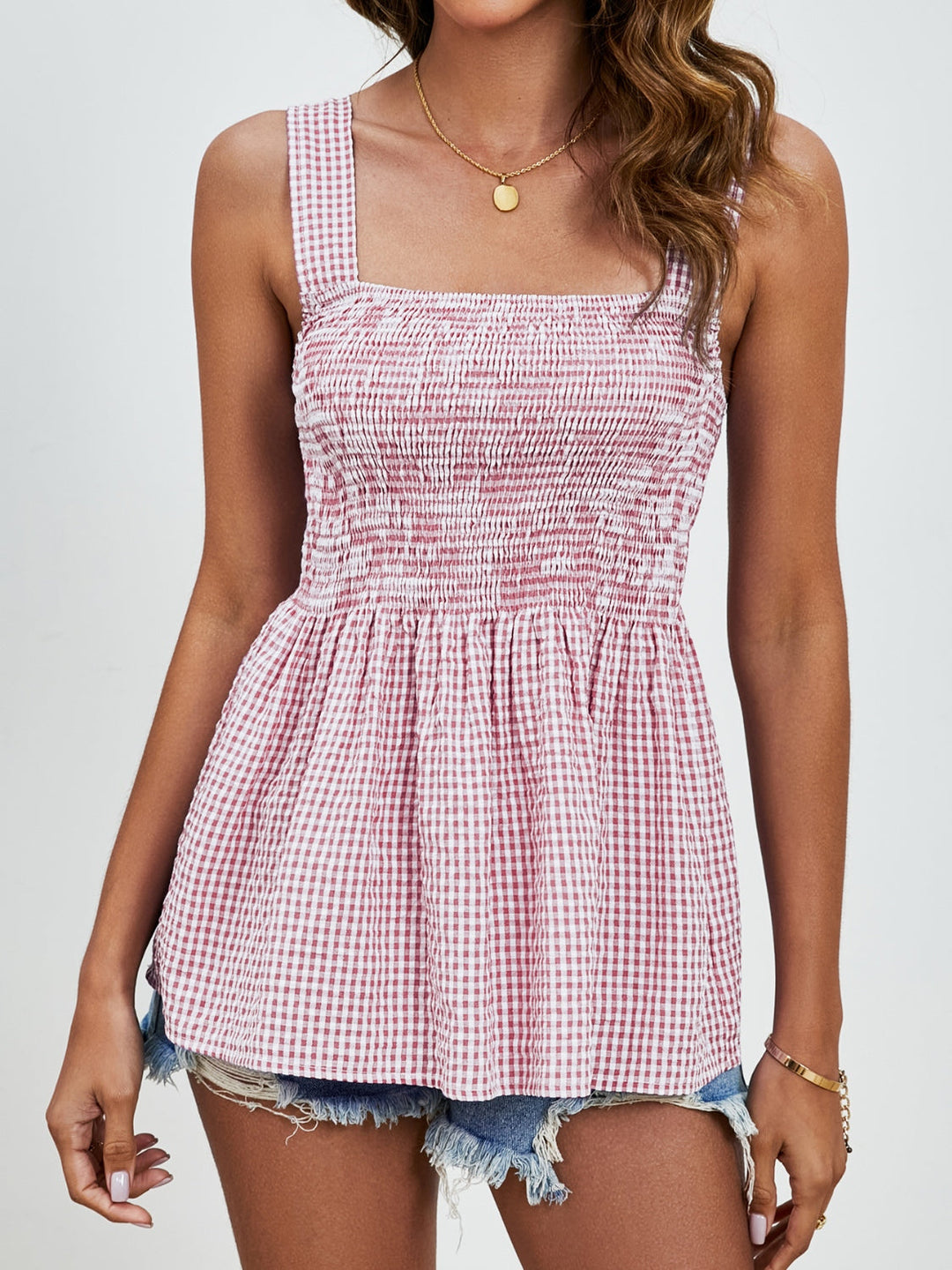 Heidi-Mode | Geraffte Karos Quadrat-Ausschnitt Tanktop
