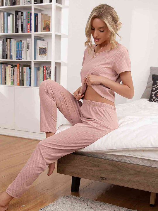 Heidi-Mode | Rundhals Kurze Ärmel Oberteil und Hose Lounge Set