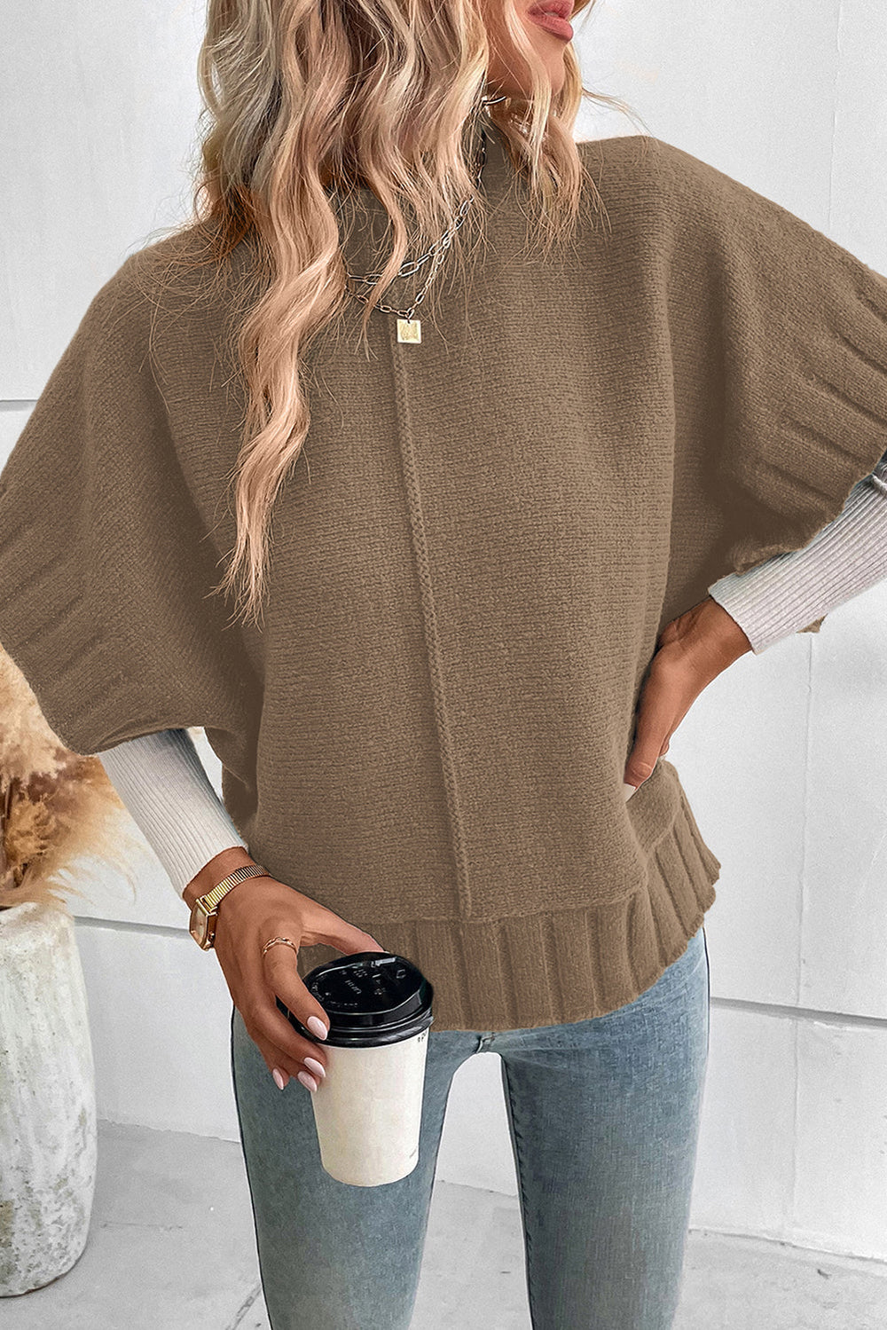 Palm Mock Neck Batwing Kurzarm-Strickpullover