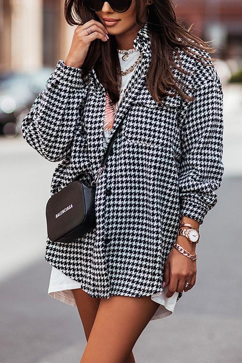 Heidi-Mode | Hahnentritt Knopf Down Plaid Außen Hemd