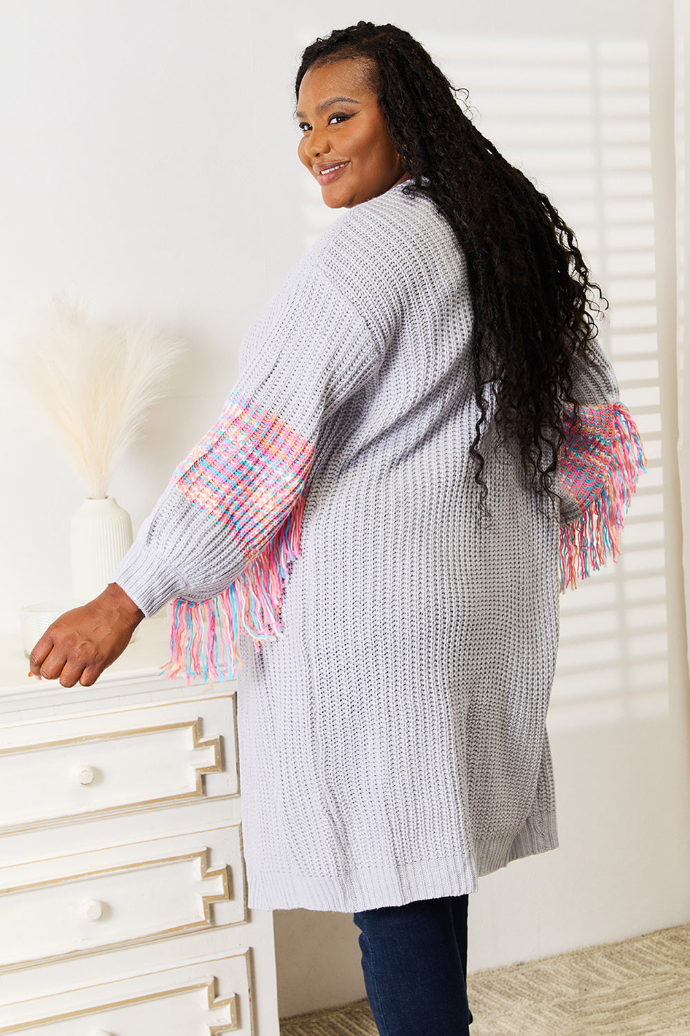 Heidi-Mode | Gewebte Rechte Fransen Ärmel Fallende Schulter Strickpullover