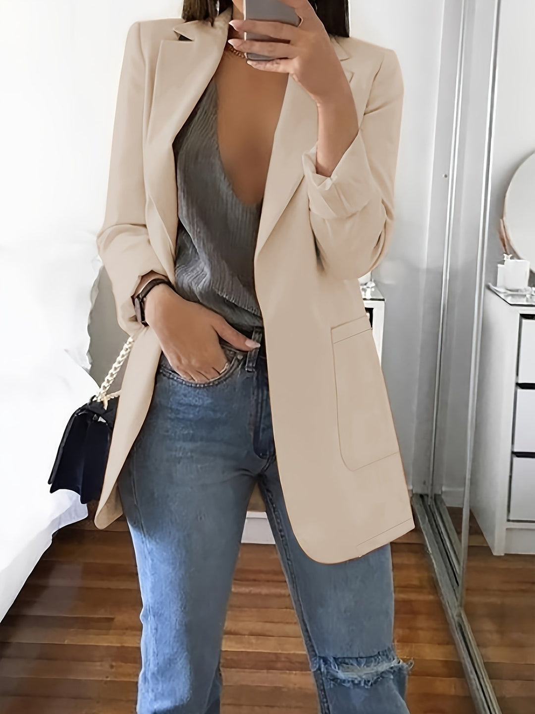Heidi-Mode | Eleganter Einfarbiger Business-Blazer Mit Offener Vorderseite - Ideal Für Alle Jahreszeiten