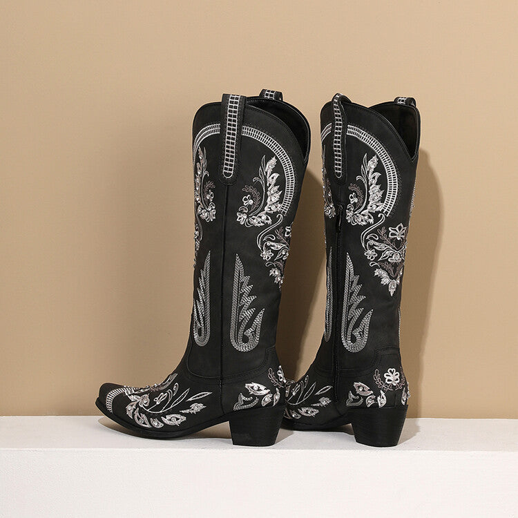 Heidi-Mode | Bestickte Western Denim Retro Damen Knielange Stiefel