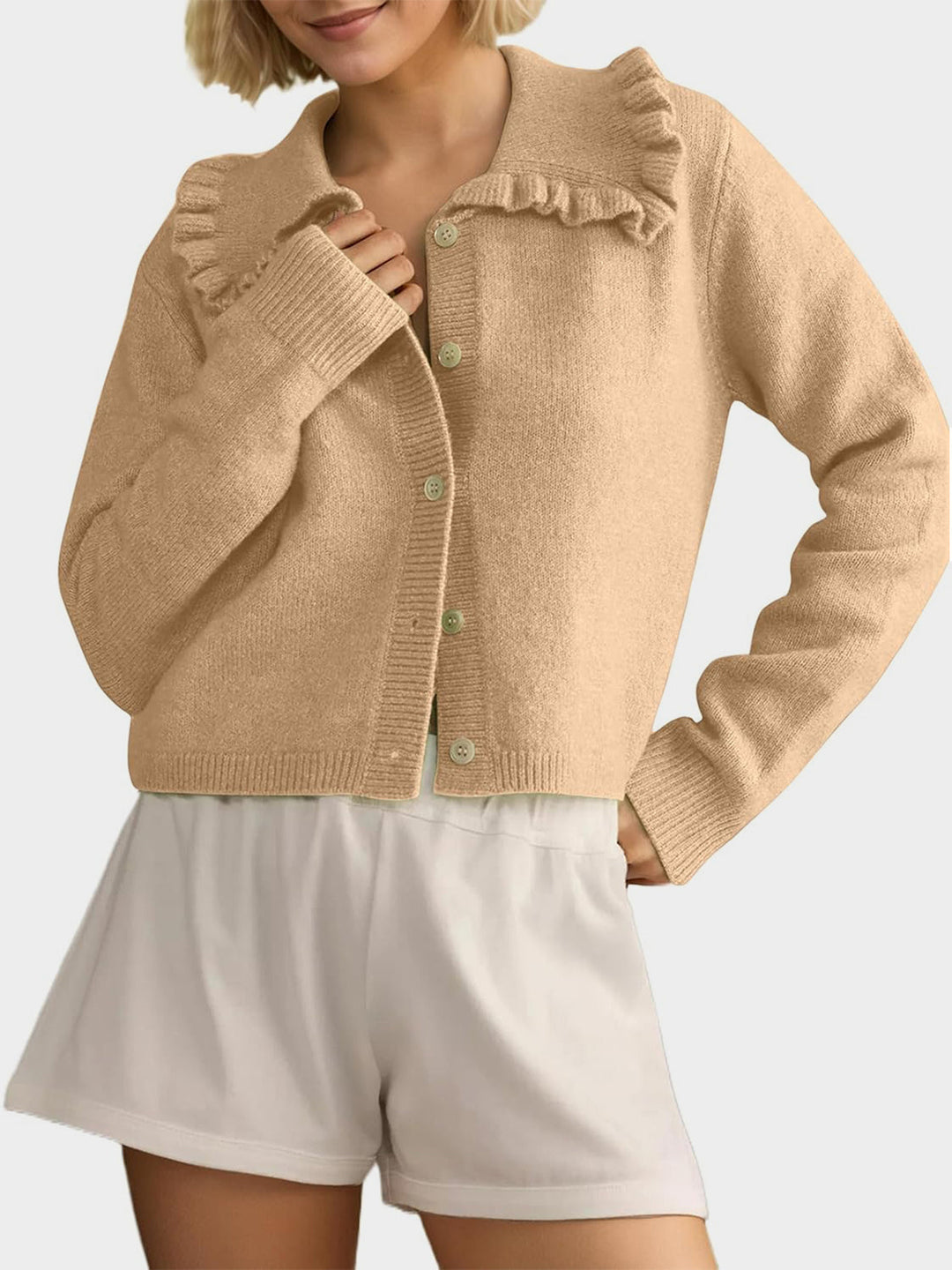 Heidi-Mode | Rüschentaste Up Kragen Langarm Cardigan
