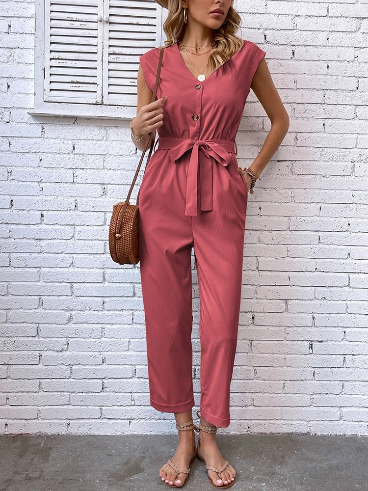 Heidi-Mode - Blauer V-Ausschnitt Knopfverschluss Weicher Hose Jumpsuit