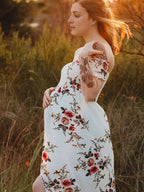 Heidi-Mode Schwangerschafts-Chaps, Midi-Kleider für Fotoshootings, Blumendruck, Bandeau-Kleid mit seitlichem Schlitz, Weiß