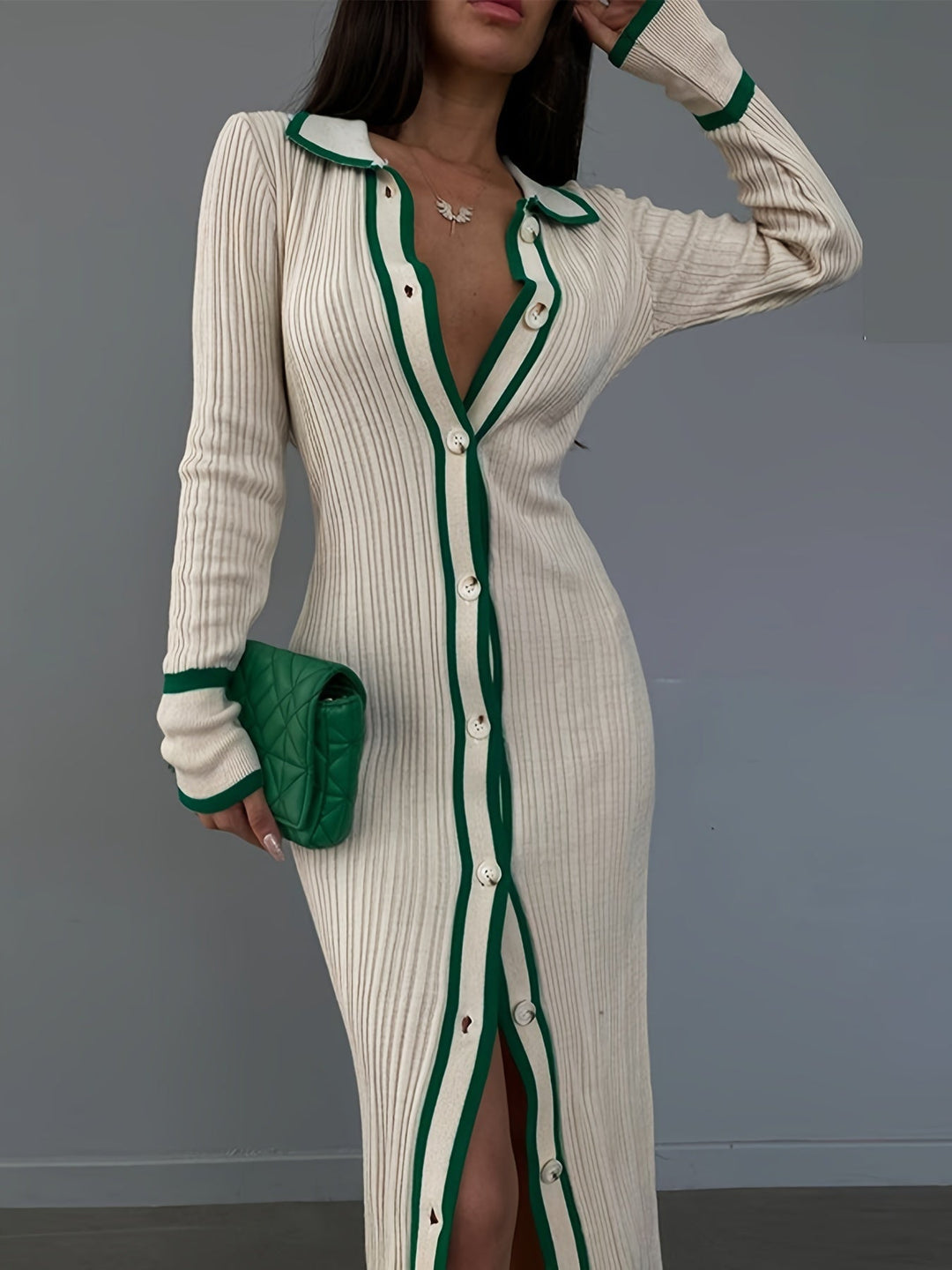 Heidi-Mode | Kontrastierende Verzierung und Knopfleiste Vorne, Elegantes, Schmales Kleid mit Langem Kragen für Frühling und Herbst, Damenbekleidung