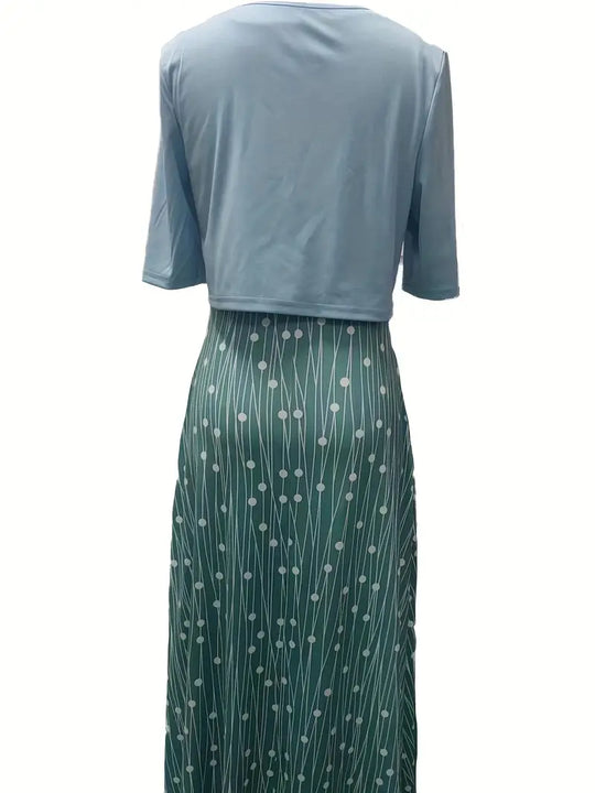 Heidi-Mode | Elegante Zweiteilige Blumenkleid-Set mit Einfarbigem Crop-Top und Rundhalskleid