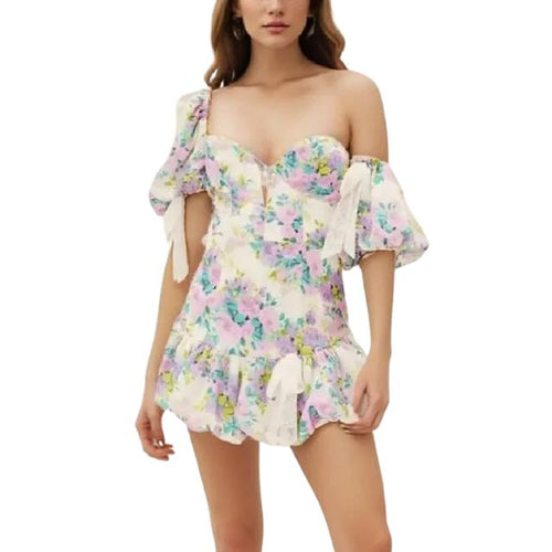 Schulterfreier Playsuit mit Spitzenrand und Blumendruck