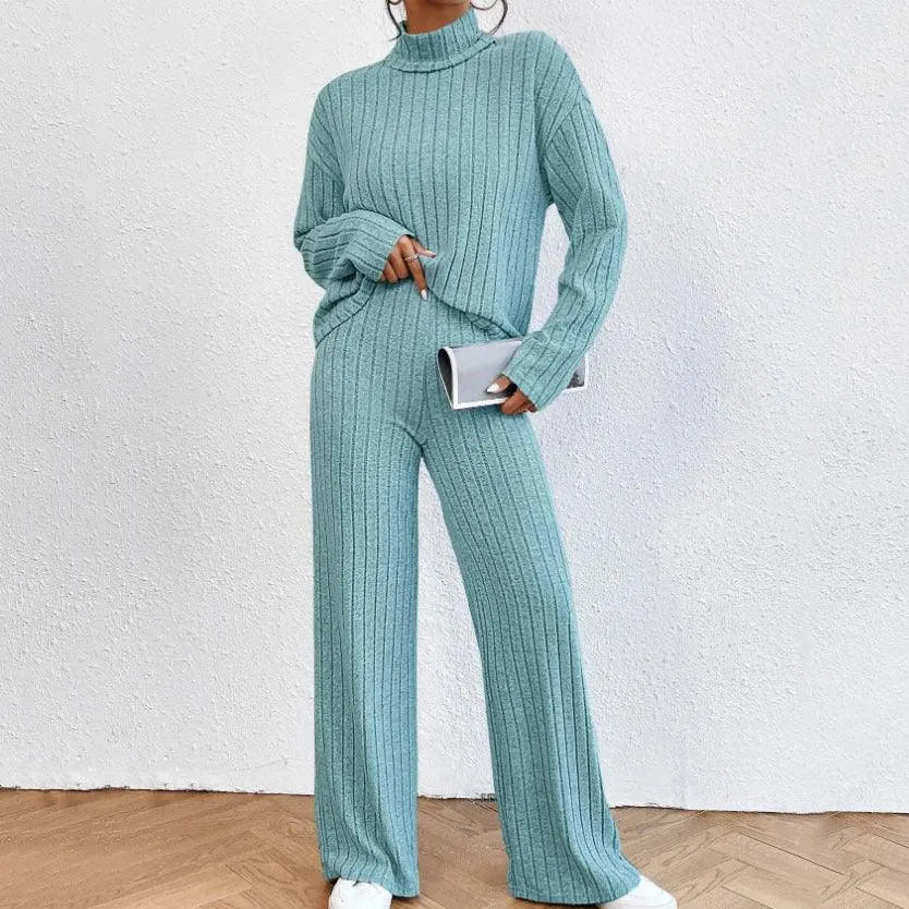 Heidi-Mode | Zwei-teiliges Set aus gestricktem langärmligem Kleid für Frauen und weiten Hosen