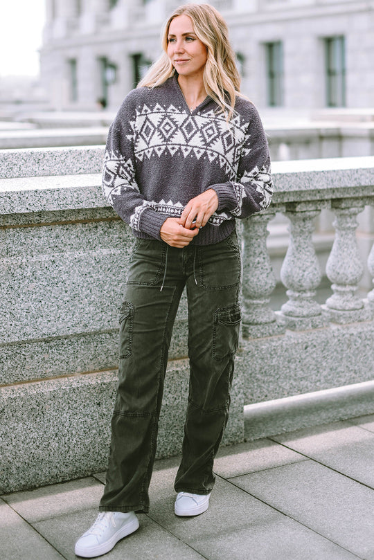 Western Pullover Mit Geometrischem Aufdruck Und Viertelreißverschluss