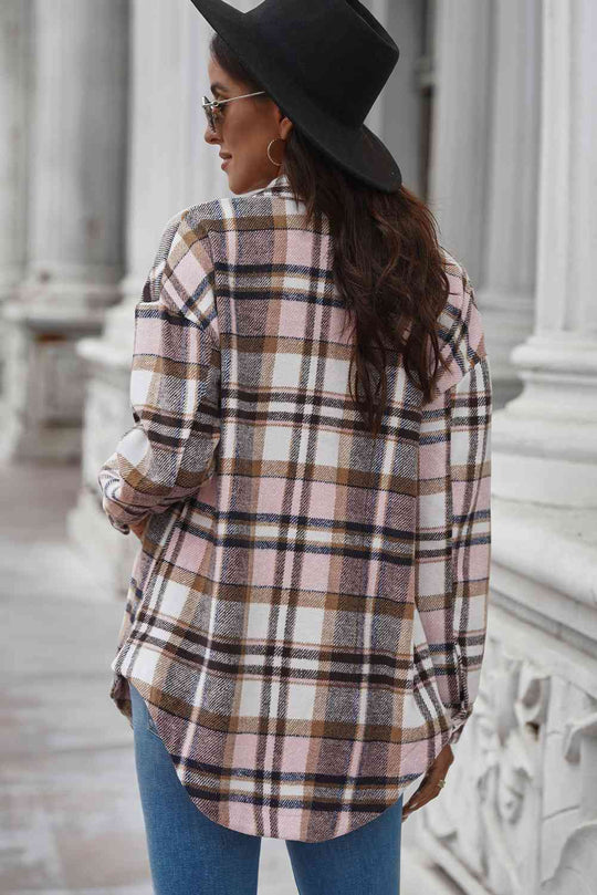 Heidi-Mode | Karo Kurviger Saum Fallende Schulter Langarmhemd Jacke