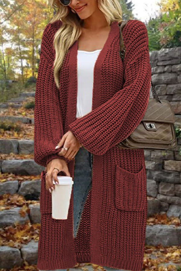 Heidi-Mode | Länge Locker Oversized Doppelte Tasche Cardigan Sweater Jacke