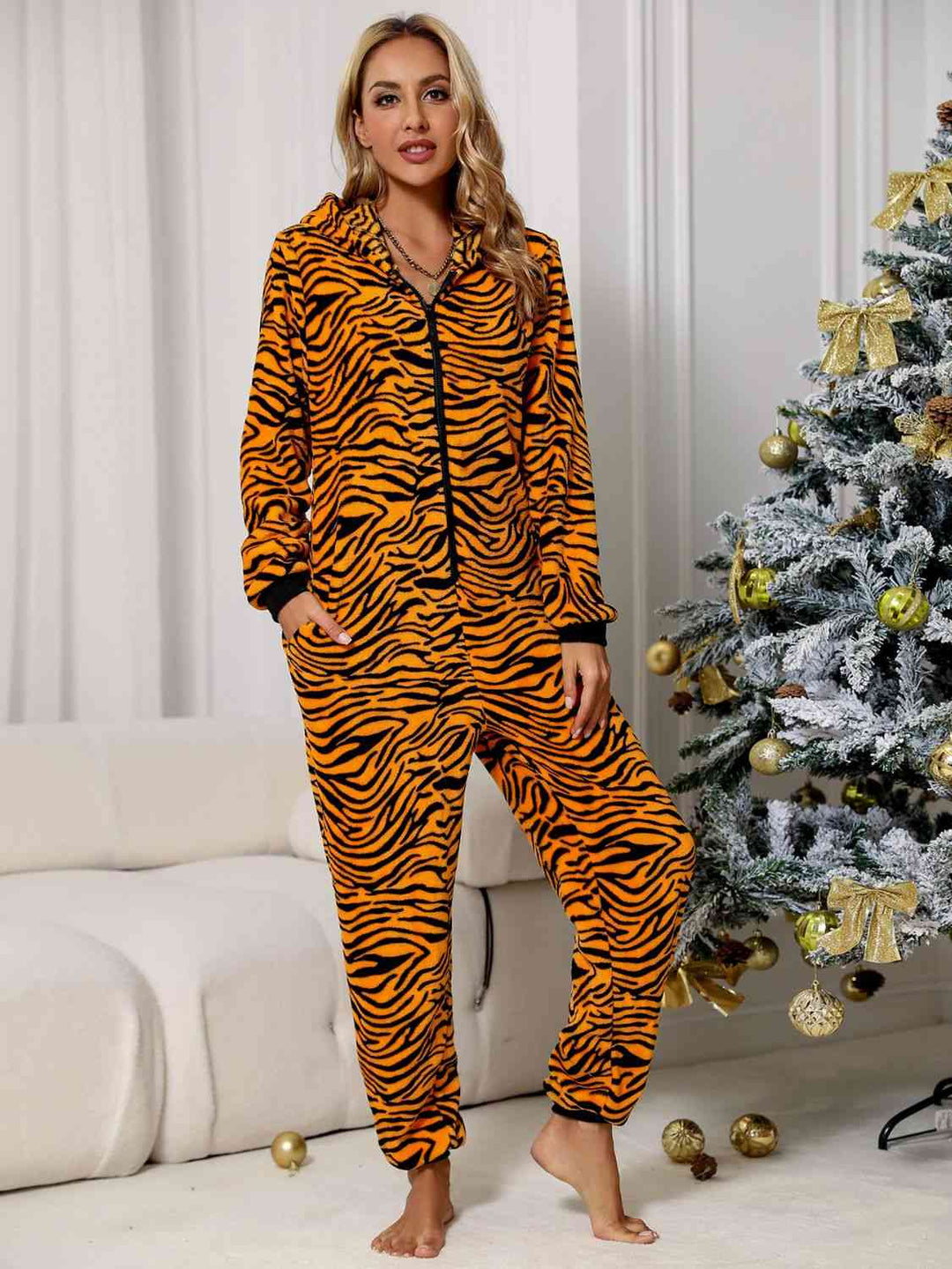 Heidi-Mode | Tierdruck Reißverschluss Vorne Lounge Jumpsuit mit Taschen