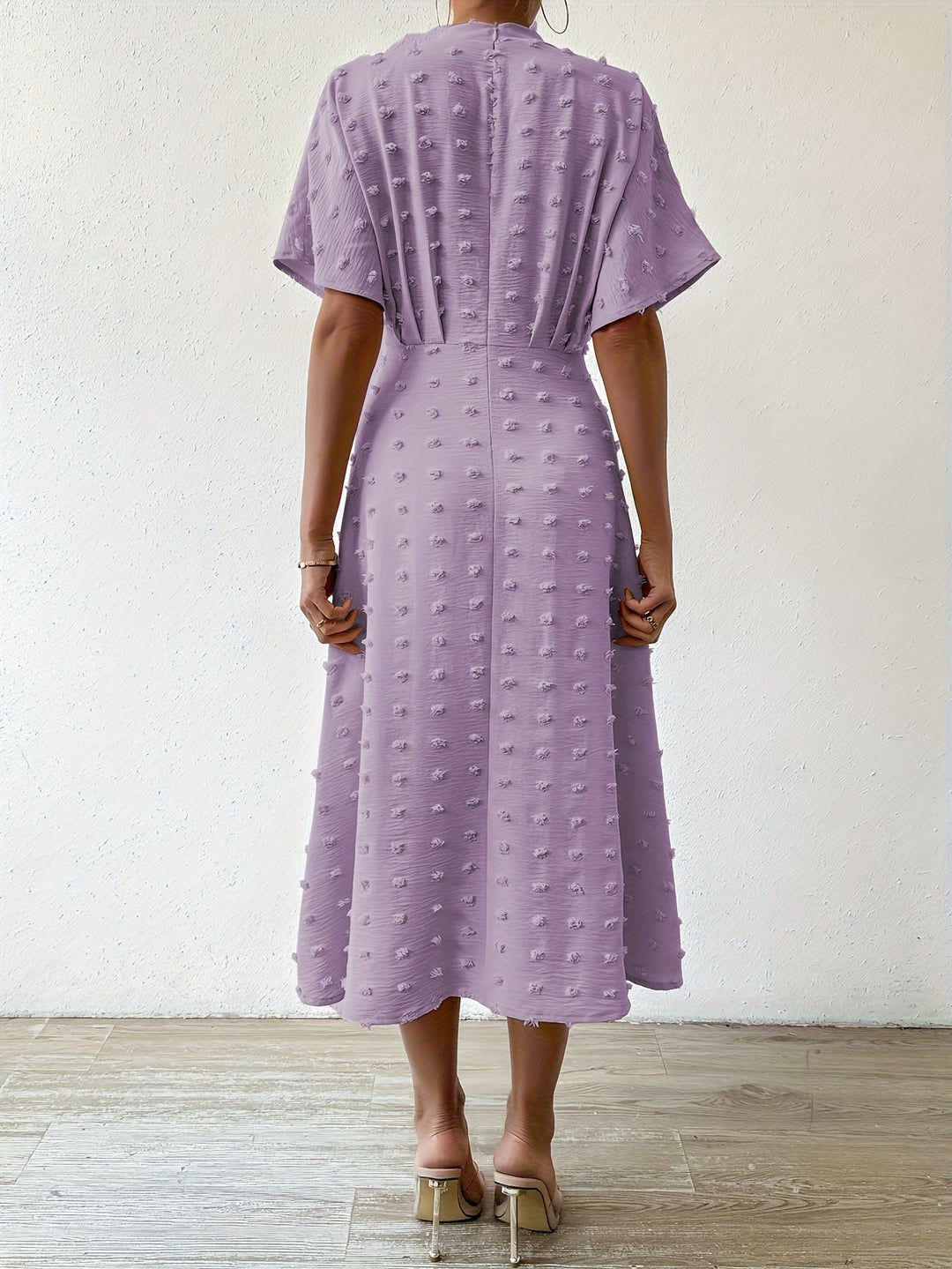 Heidi-Mode | Swiss Dot Rüsch Plissee Tiefer U-Ausschnitt Kurze Ärmel Midi Formelle Kleid für Frauen