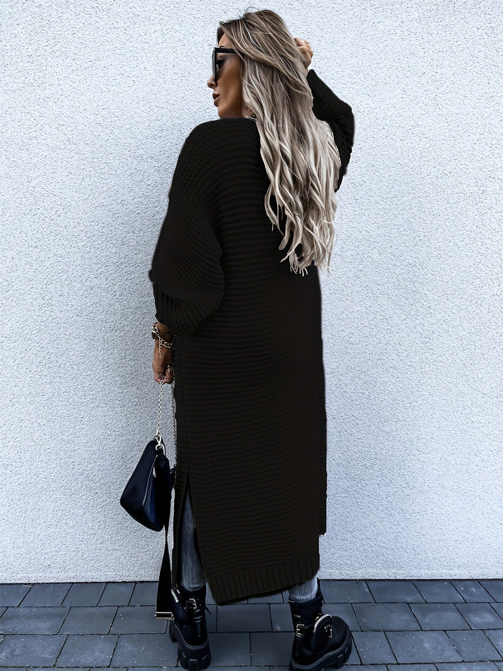 Heidi-Mode | Lange Schwarze Strick Weste Für Damen
