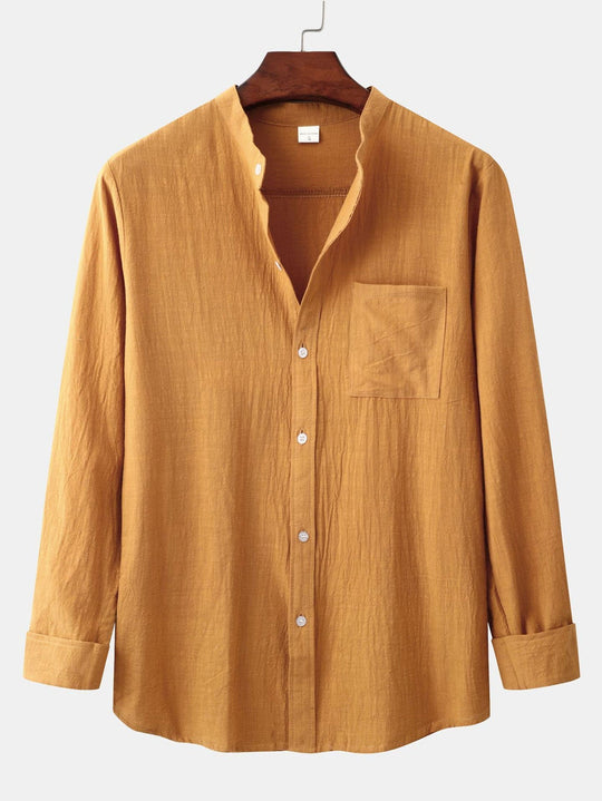 Sleeved Linen Look Stand Collar Shirt & Straight Leg Linen Pants