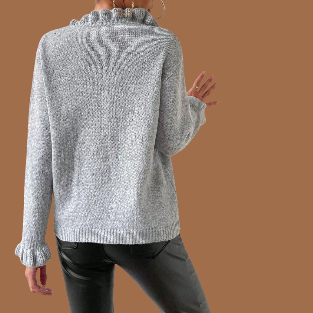 Heidi-Mode | Eleganter Strickpullover Mit Rüschenkragen Und Perlenknöpfen