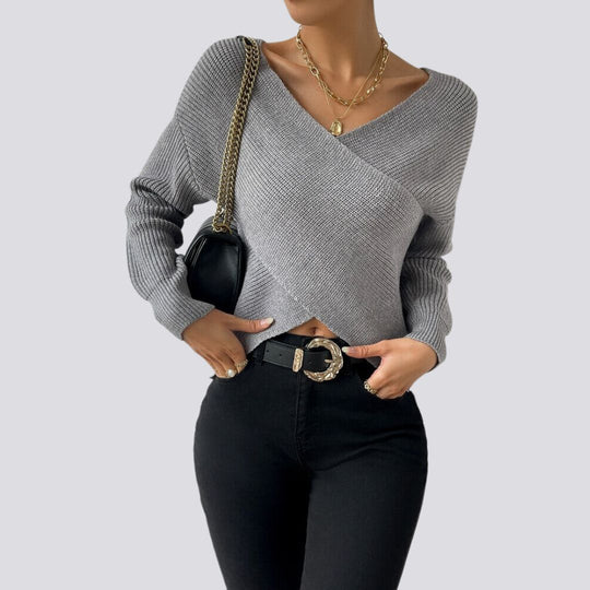 Heidi-Mode | Stylischer Strickpullover mit gekreuzter Vorderseite und V-Ausschnitt