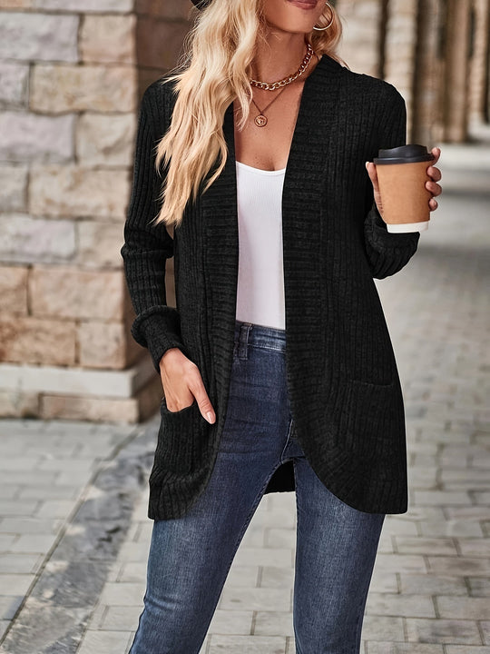 Heidi-Mode | Damen Gerippter Offener Vorderseite Strickjacke Lange Ärmeln Lässig Strickpullover mit Taschen