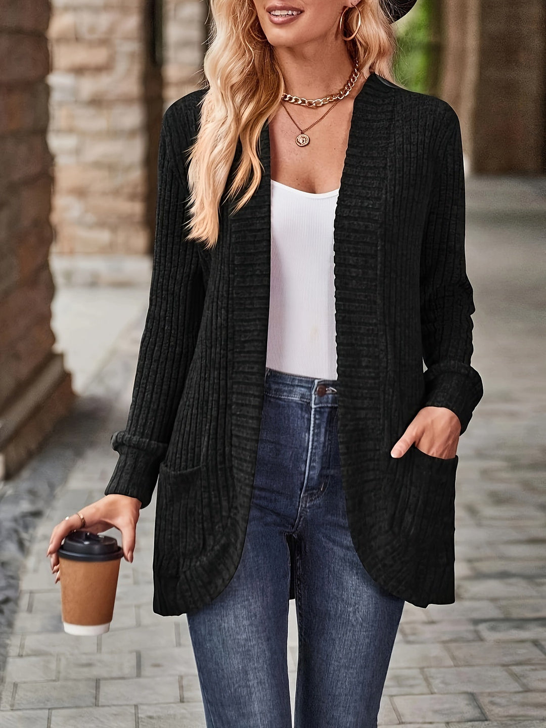 Heidi-Mode | Damen Gerippter Offener Vorderseite Strickjacke Lange Ärmeln Lässig Strickpullover mit Taschen