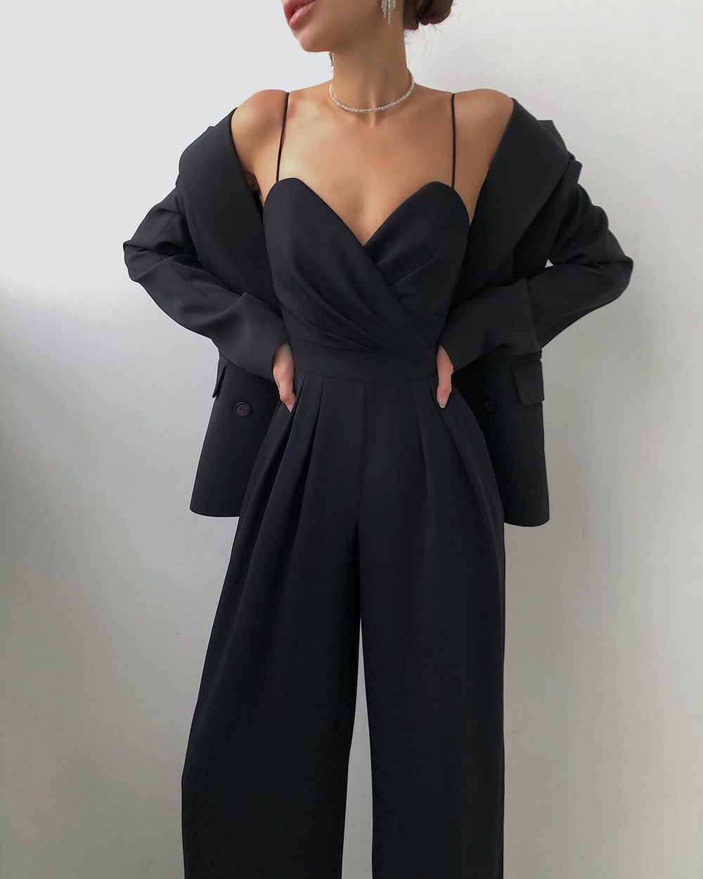 Heidi-Mode | Damen Eleganter Fließender Jumpsuit mit Spaghettibändern für Festliche Anlässe