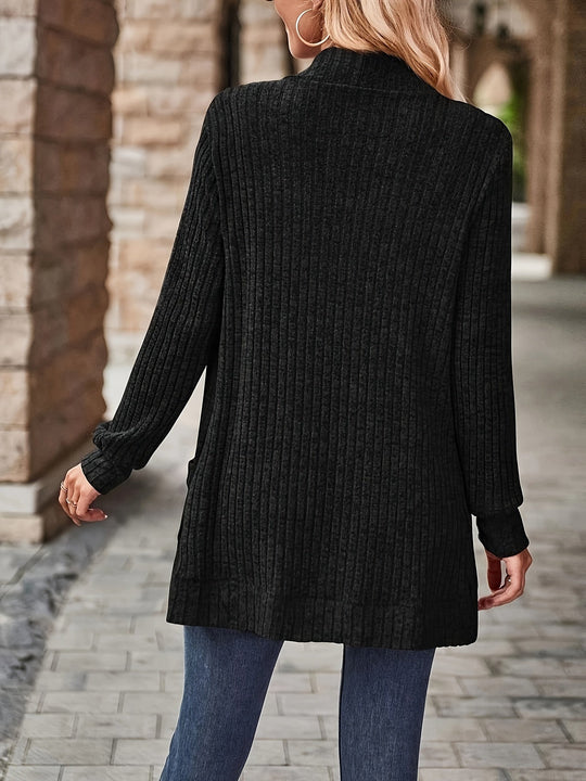 Heidi-Mode | Damen Gerippter Offener Vorderseite Strickjacke Lange Ärmeln Lässig Strickpullover mit Taschen