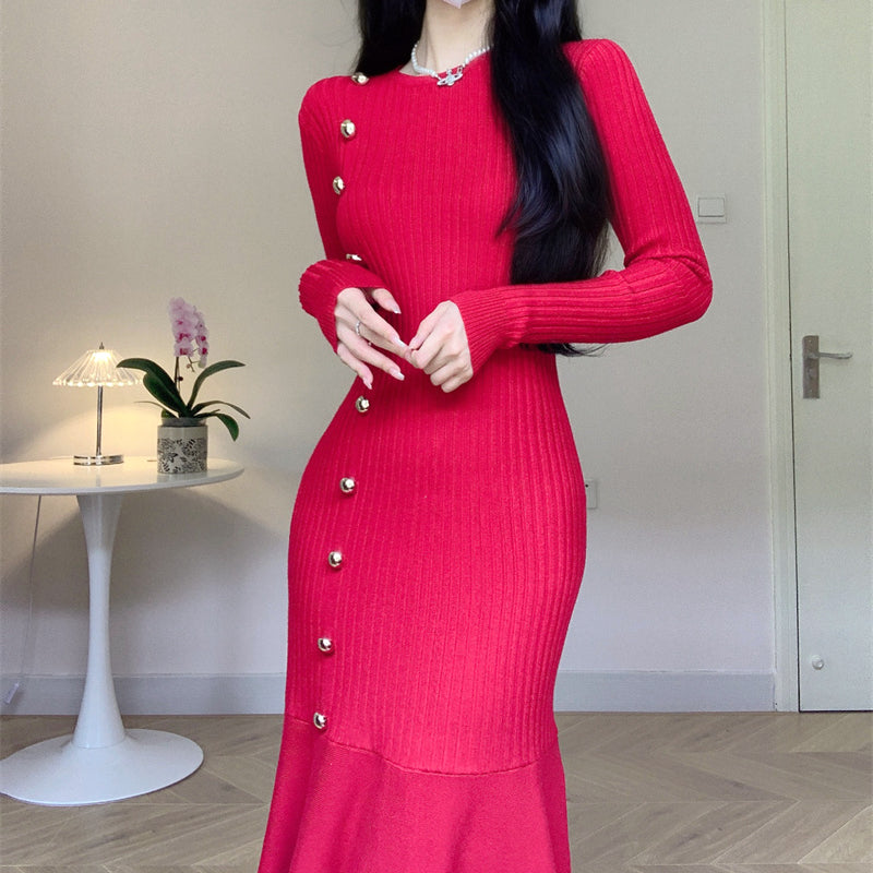 Heidi-Mode | Diagonale Knopf Lange Ärmel Meerjungfrau Strick Kleid