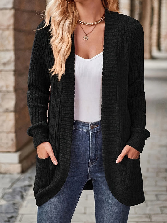 Heidi-Mode | Damen Gerippter Offener Vorderseite Strickjacke Lange Ärmeln Lässig Strickpullover mit Taschen