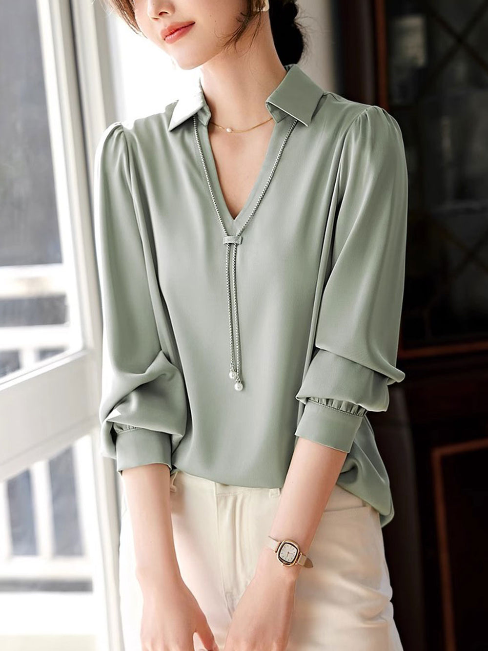 Heidi-Mode | Top Elegante V-Ausschnitt Satin Hemd