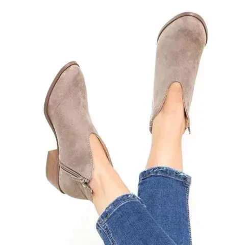 Heidi-Mode | Damen Wildleder Ankle Boots mit Niedrigem Blockabsatz, V-förmiges Design, Reißverschluss