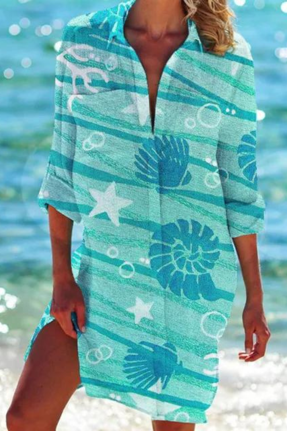 Heidi-Mode - Lange Strandbluse mit Meeresmotiv