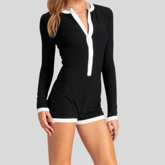 Heidi-Mode Langärmliger Playsuit mit Kontrastbesatz und Knopfleiste