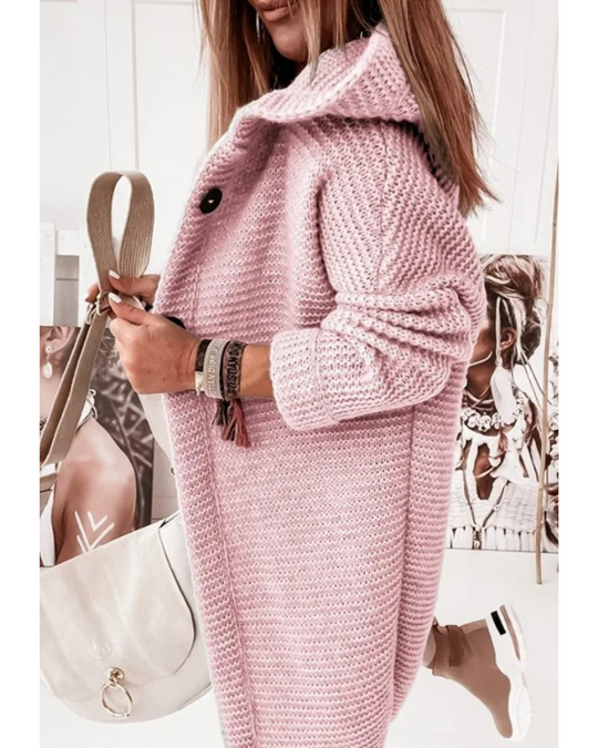 Heidi-Mode | Lange Damen-Weste, Strickjacke mit Kapuze und Knöpfen