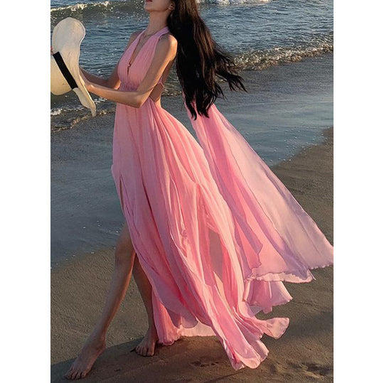 Heidi-Mode | Pink Ribbon Halter Neck Hollow Slit Urlaubskleid