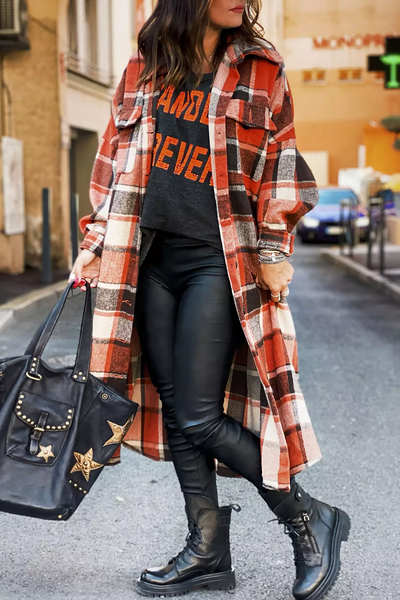 Heidi-Mode | Klappkragen Karoprint Wolle Lange Jacke