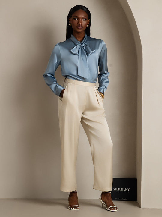Heidi-Mode | Damen Elegante Seidenbluse mit Schlipskragen und Langen Ärmeln