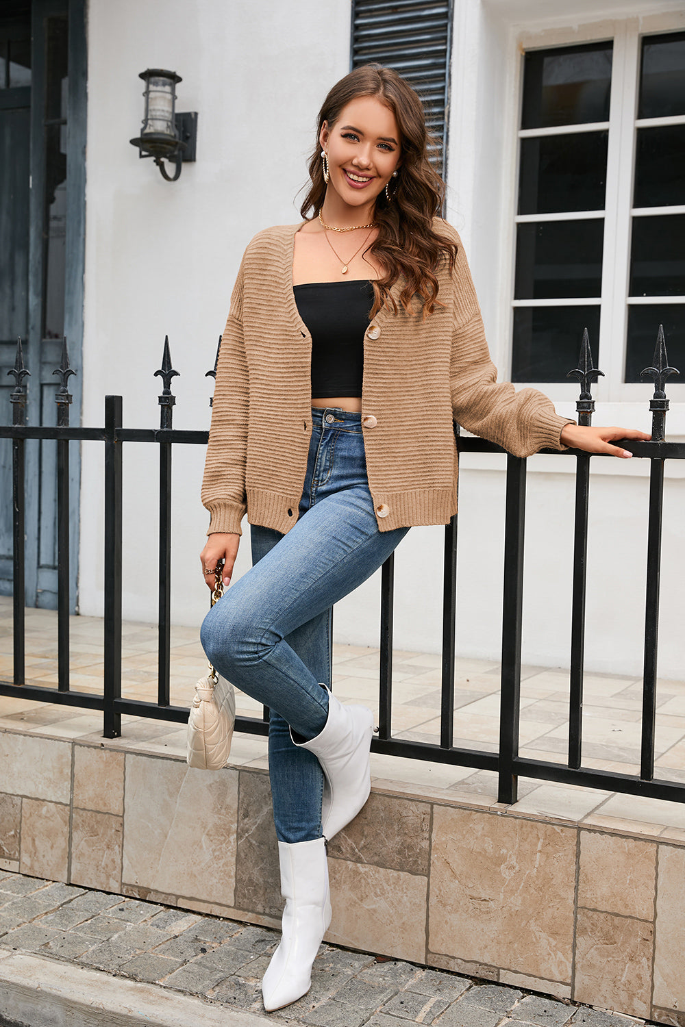 Heidi-Mode | Horizontal Rippstrick Knopfleiste Cardigan