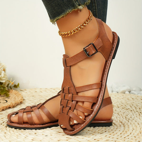 Heidi-Mode | Gewebte Flache Sandalen für Damen Vintage Stil, Geschlossener Zeh, Schnallenverschluss