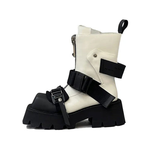 Heidi-Mode | Leder Damen Quadrat Zehen Dicke Sohle Vorne Reißverschluss Stiefeletten