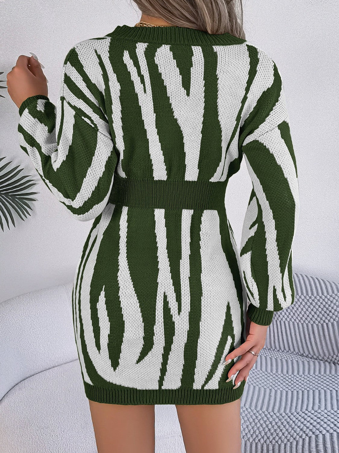 Heidi-Mode | Rüschen Druck V-Ausschnitt Langarm Pullover Kleid