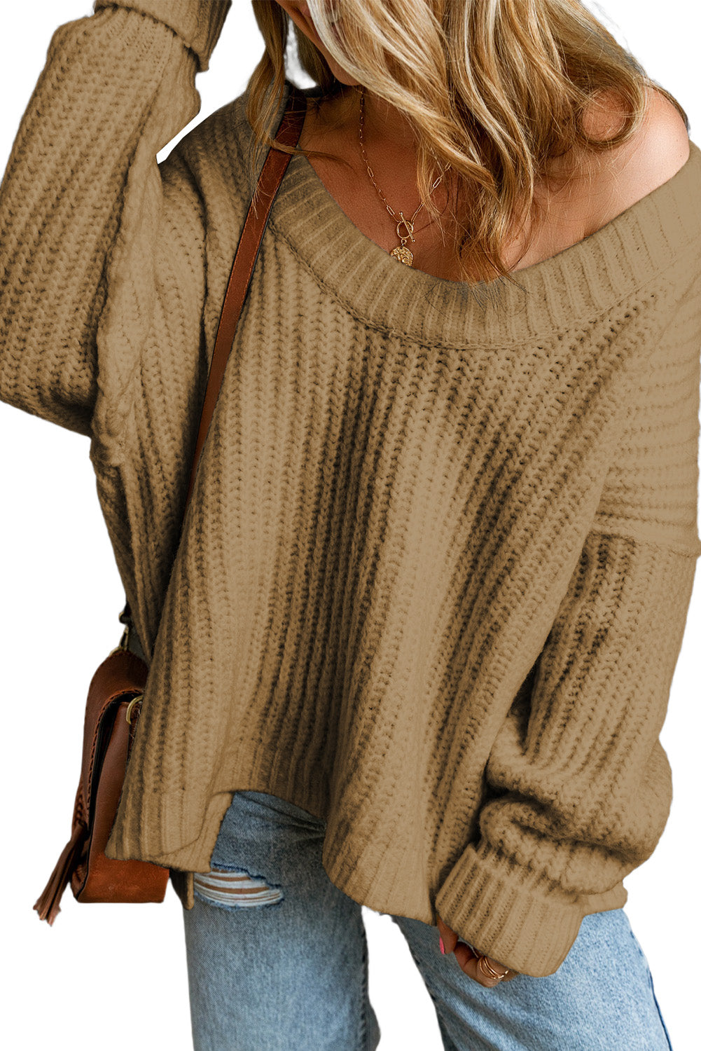 Rippenstrick Rundhalsausschnitt Slouchy Chunky Pullover