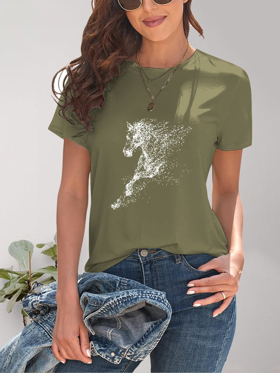 Heidi-Mode | Pferd Rundhals Kurzarm T-Shirt