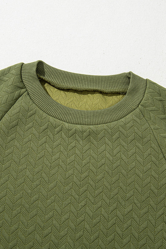 Grün Solide Strukturierte Raglanärmel Pullover Sweatshirt