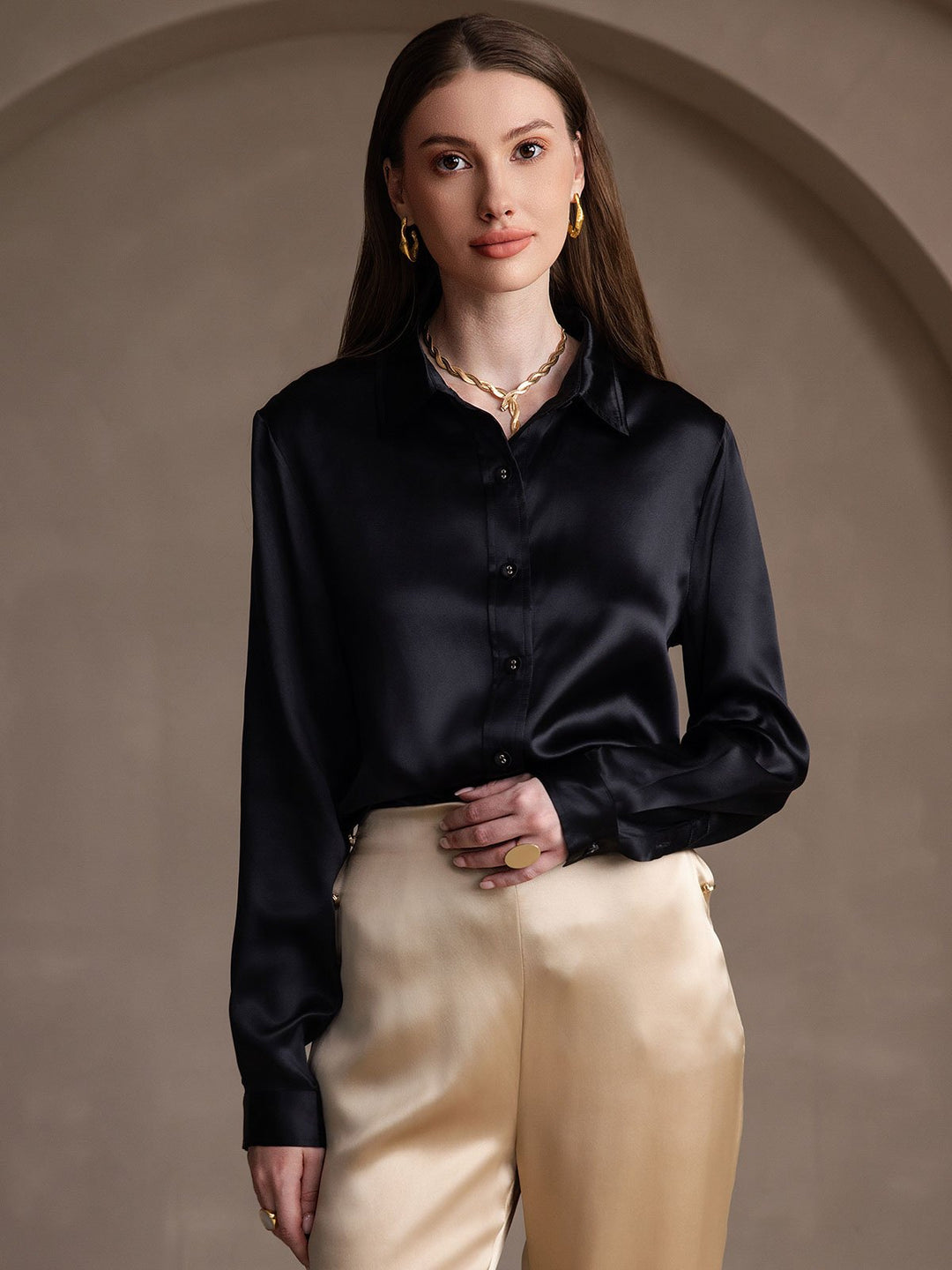 Heidi-Mode | Damen Mulberry Seide Elegant Langarmbluse