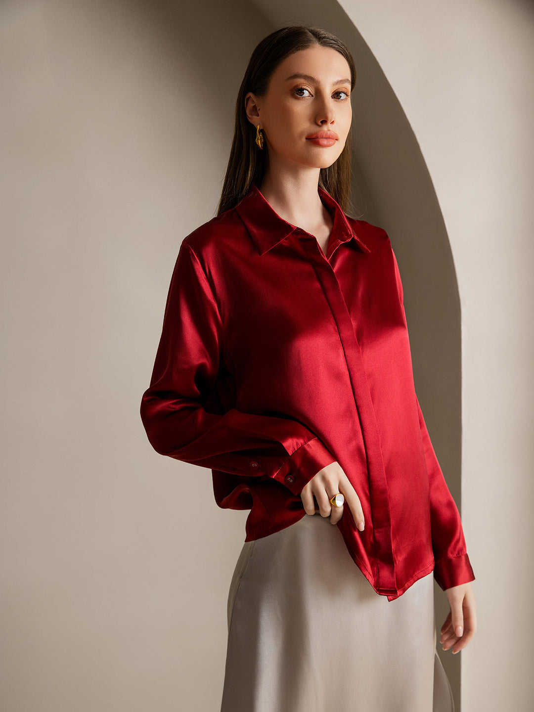 Heidi-Mode | Damen Klassische Seide Langarmshirt