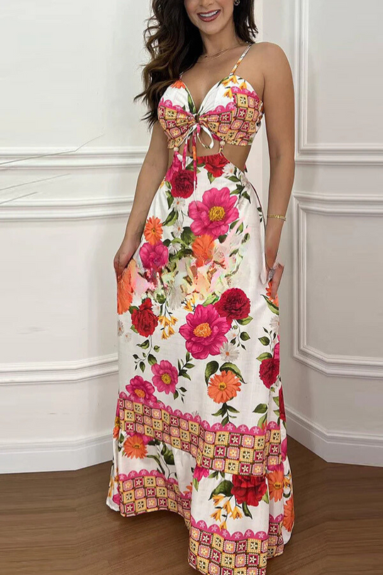 Heidi-Mode | Mexico Style Tropischer Druck Ring Cutout Schnürung Urlaub Maxi Kleid