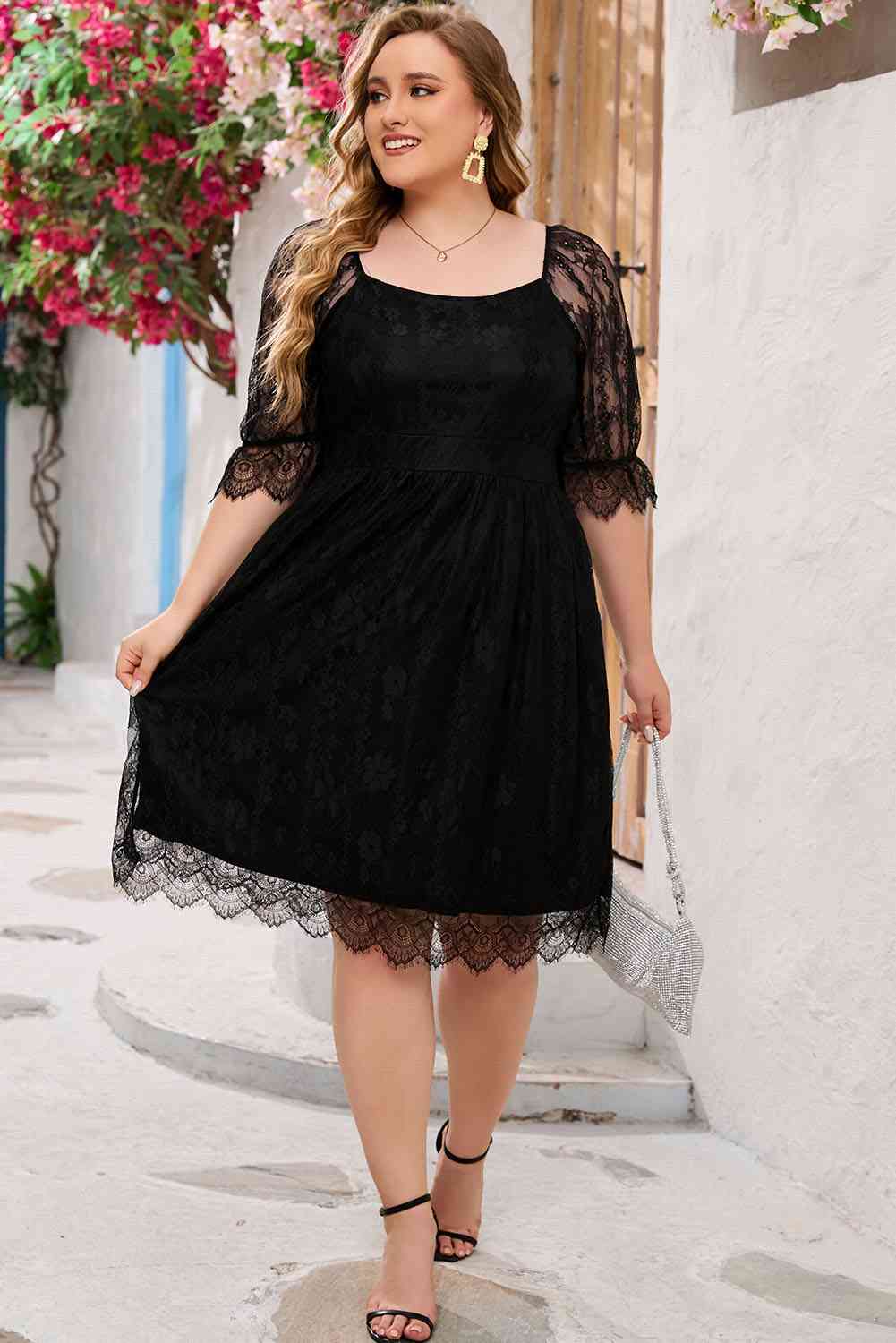 Heidi-Mode | Plus-Size Spitze Volantärmel Quadrat Ausschnitt Kleid