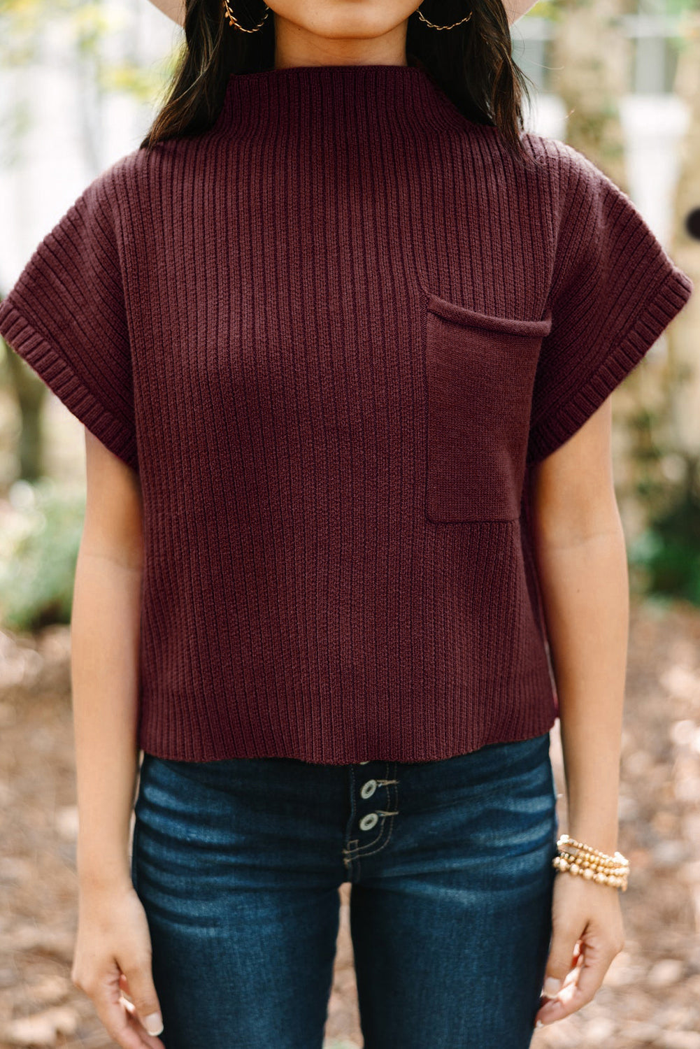 Red Patch Pocket Ribbed Knit Short Sleeve Pullover