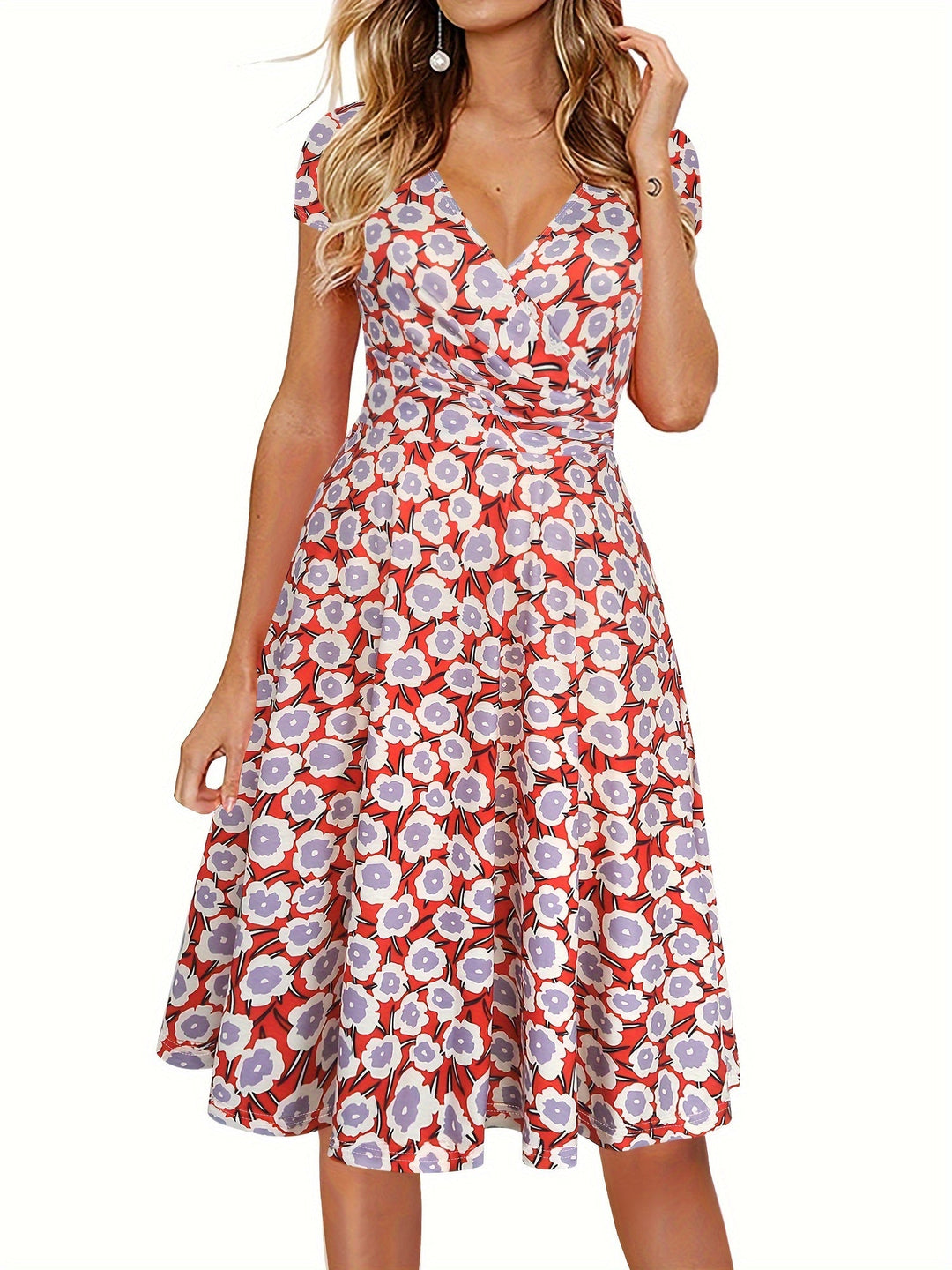 Blumen Print Kurzärmeliges Damen Kleid